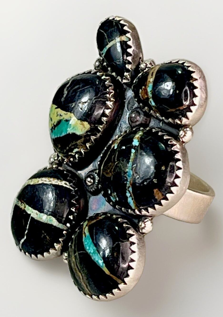 Blackjack Turquoise Sterling Silver Adjust Sz Southwestern Cluster Ring 16.4g